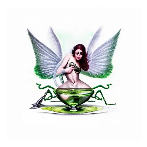 Absinthe Green Fairy Sitting In An Absinthe Drinking Glass With Long Draping Wings