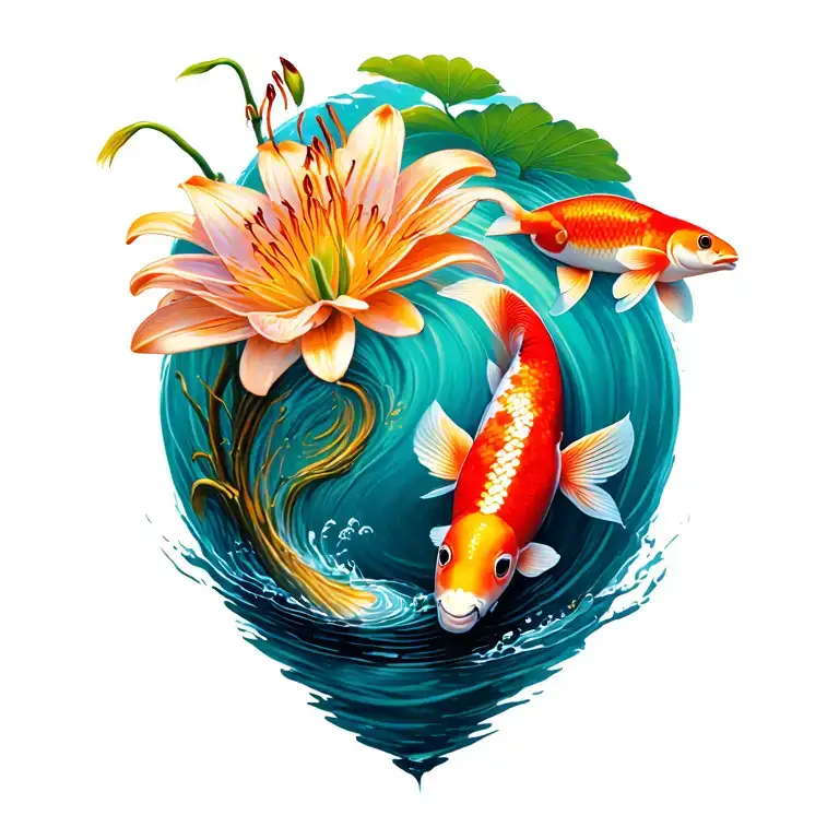 Spider Lily With Koi Fish Swimming Upstream