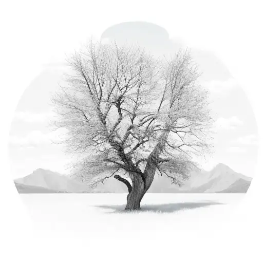 Tree On A Field Against The Backdrop Of Mountains In Summer