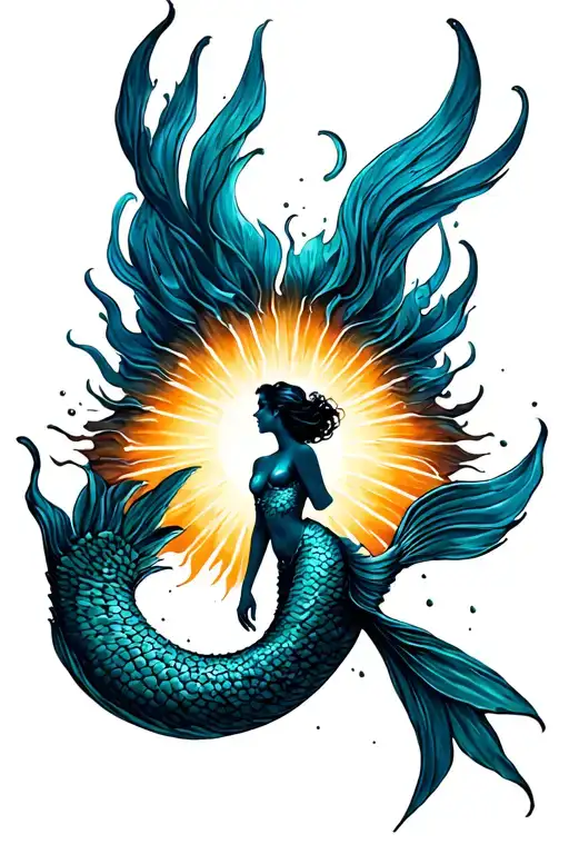 Beautiful Mermaid Swimming Up Toward The Sun Rays