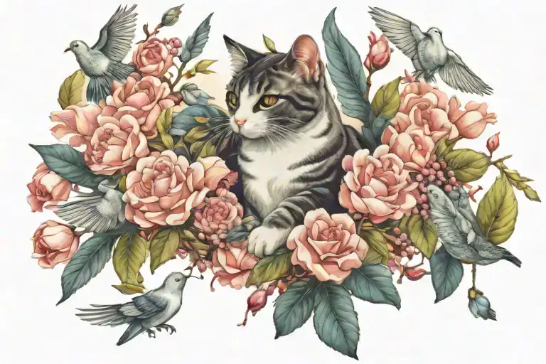 Cat Playing With Doves From Blooming Flowers