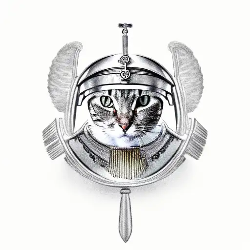 A Cat Wearing A Roman Centurion Helmet Surrounded By Greek Mythology Symbols In A Black-grey Style