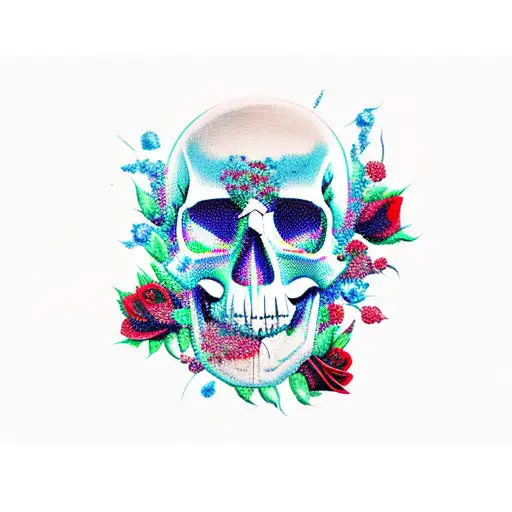 Skull With Blue And Red Roses