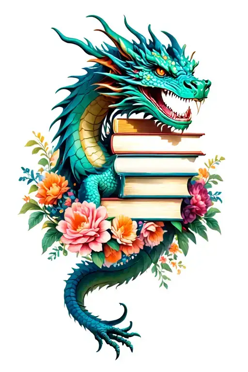 Dragon With Books Surrounded By Florals