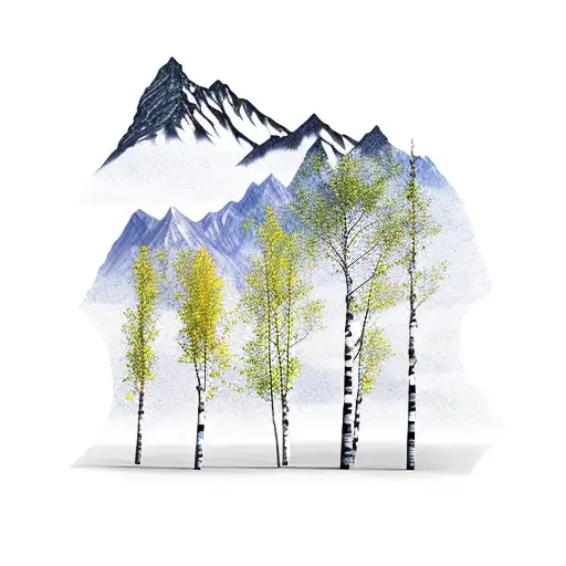 Birch Tree With 3 Trunks And Mountains In Background