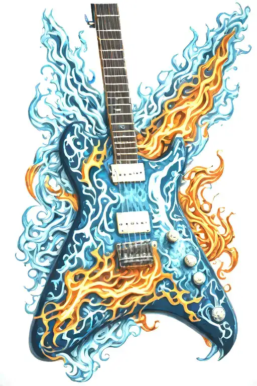 Electric Guitar Engulfed In Blue Flames With Orange Tips