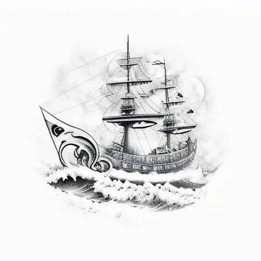 Pirate Ship On Stormy Seas At Night In A Storm Grim And Dark