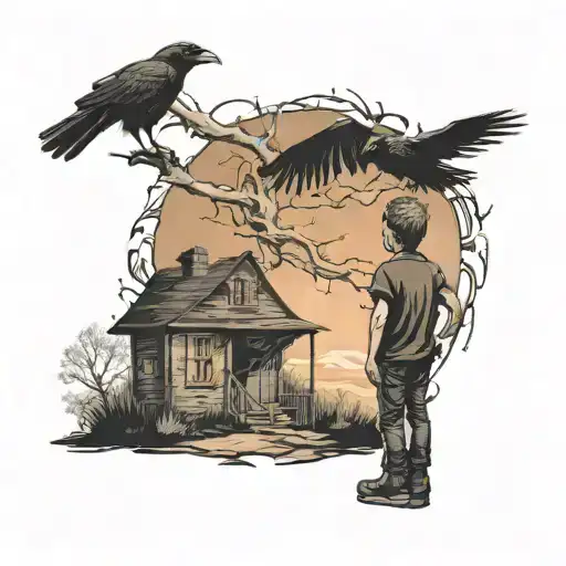 A Little Boy Standing Alone Into A Loanly Crow's Shadow