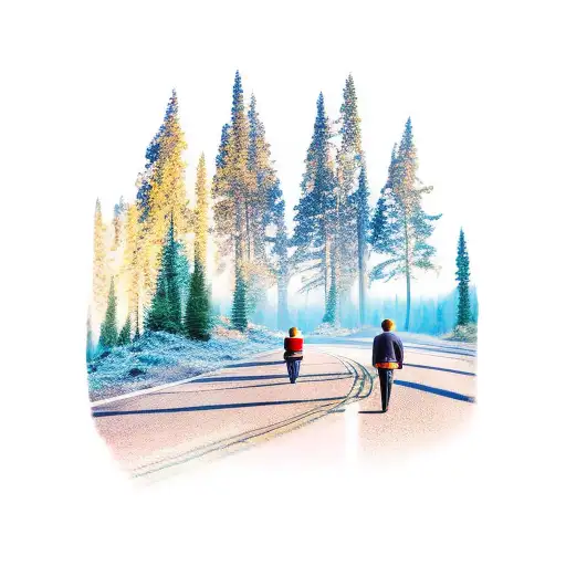 Father And Son On A Road In The Mountains