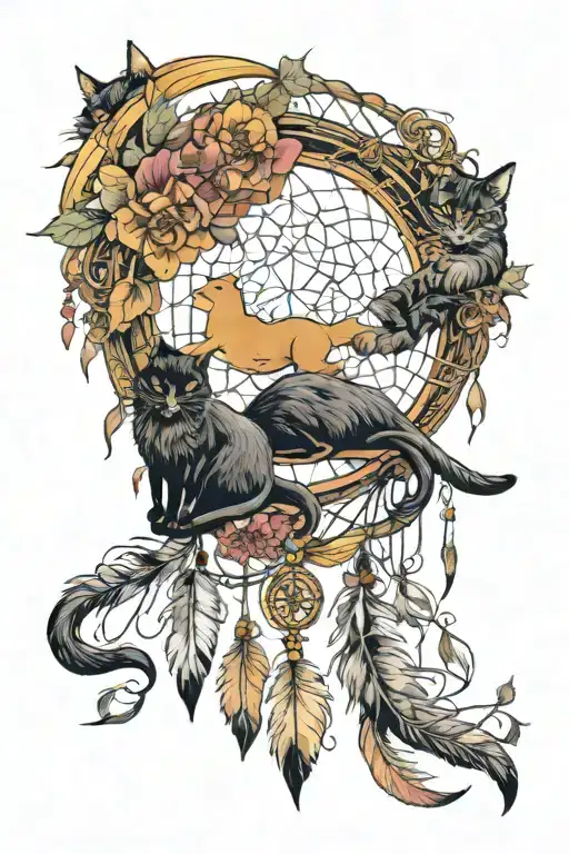 Crescent Moon Dream Catcher Entangled With Black Cats