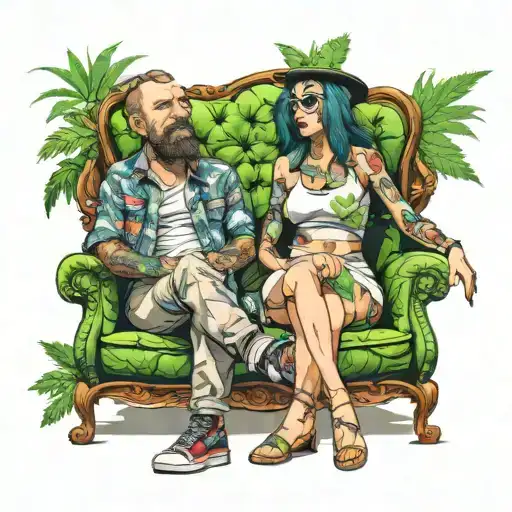 Man And Woman Sitting Large Sofa Marijuana Friends Sitting