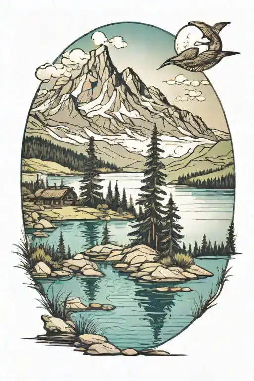 Mountain Lake Scene With Shoreline At Middle