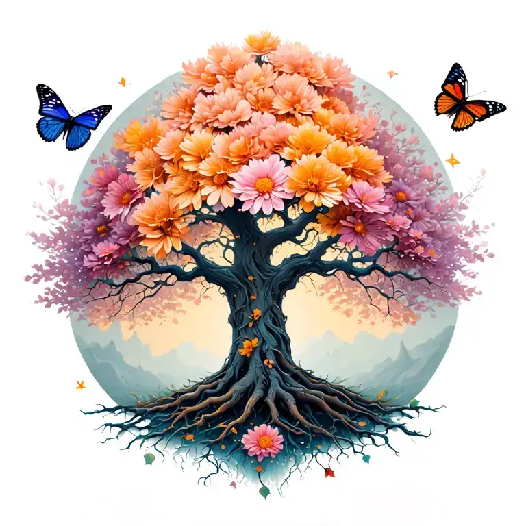 Back Tattoo Posion Tree With Died Flower And Butterflies Surrounding The Tree