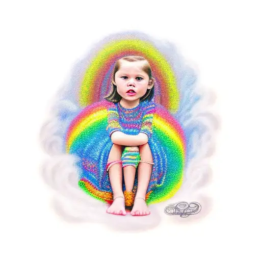 Brown Haired Little Girl Sat On A Rainbow