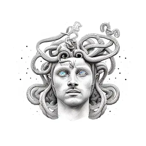 A Depiction Of Perseo's Victory Over Medusa In A Dotwork Style
