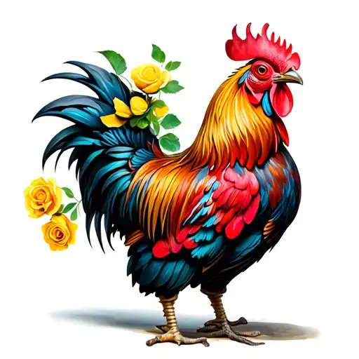 Rooster With A Yellow Rose In Its Beak