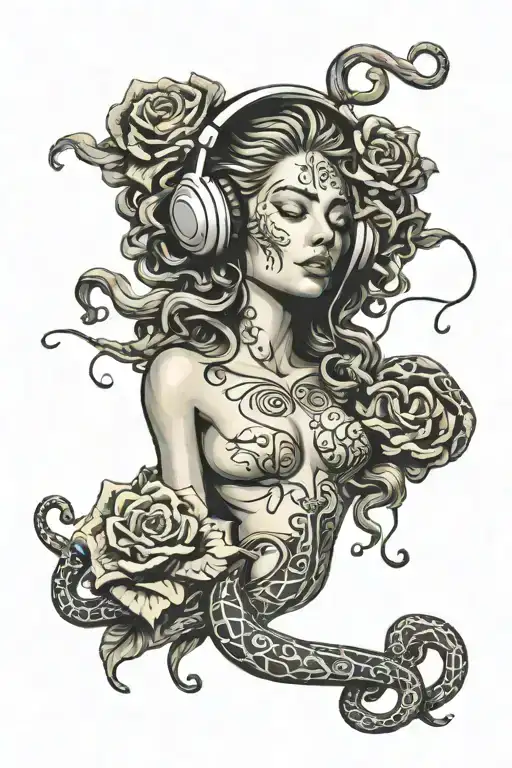 Blk Letters And Medusa Gorgon Tattoo Wearing Headphones And Music Notes