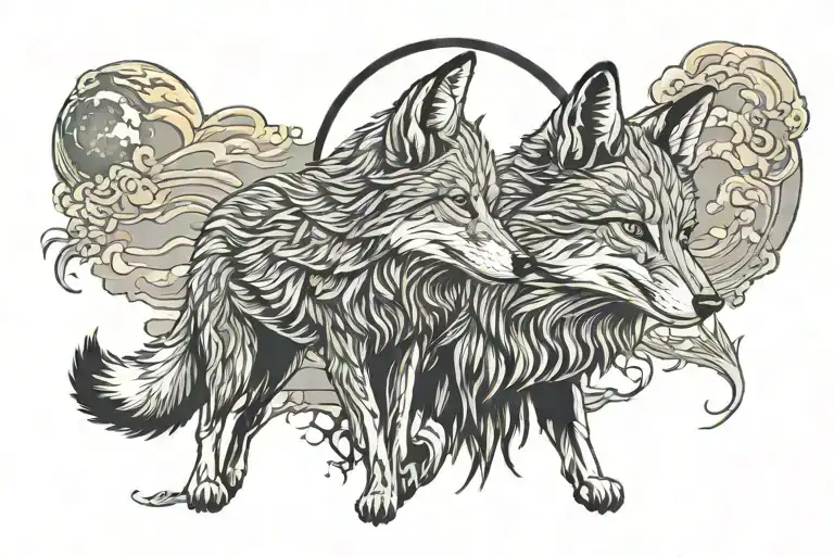 Fox And Wolf Howling At The Moon