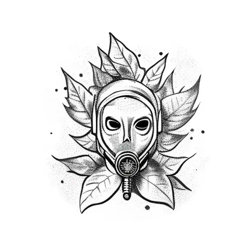 Witchy Woman Holding Gas Mask With Leaves And Close Up Insects In Foreground