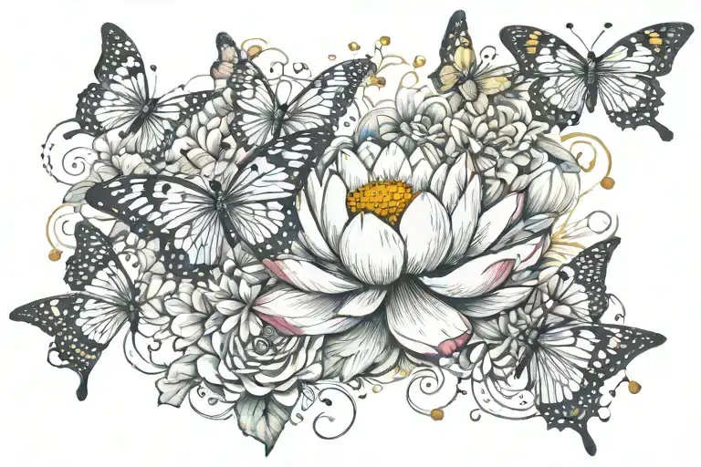 Lotus Flower And Merigold Surrounded By Butterflies Behind A Quote