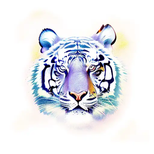 Girl With Tiger In The See With Mountain View