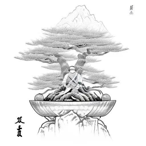 Sketch A Samurai Warrior Meditating Under A Bonsai Tree