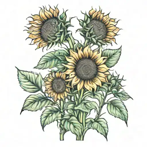 Four Sunflowers Under Shining Sun Rays
