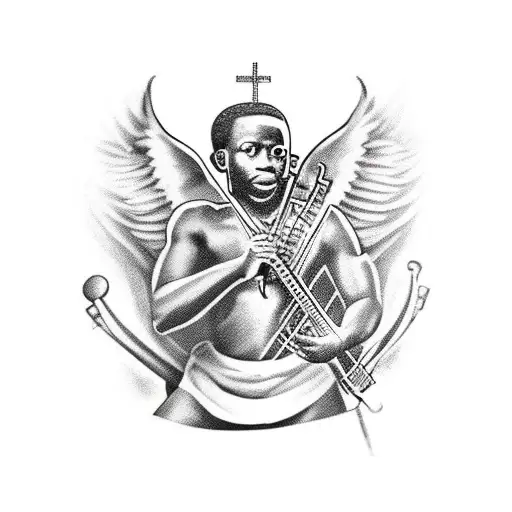 An African Tattoo Of Saint Michael Playing A Musical Instrument