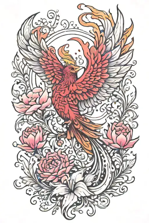 Red And Gold Pheonix On Fire With Pink Flowers Surrounding
