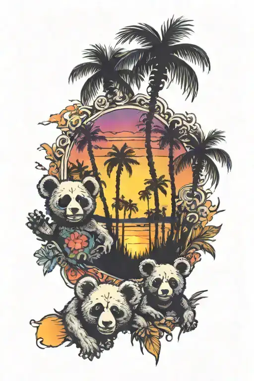 Grateful Dead Bears With Sunset Showing Thru Black Palm Trees