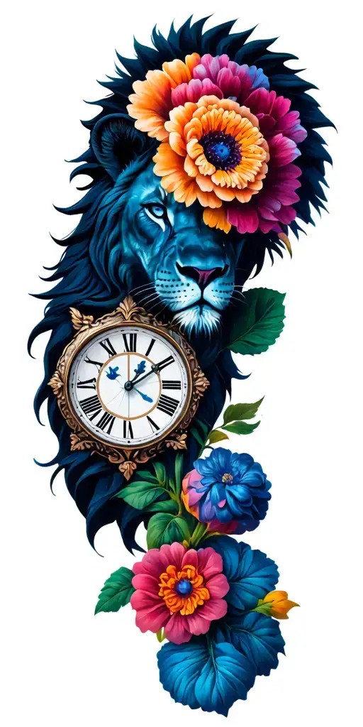 Flowers And Lion Head And Clock Face