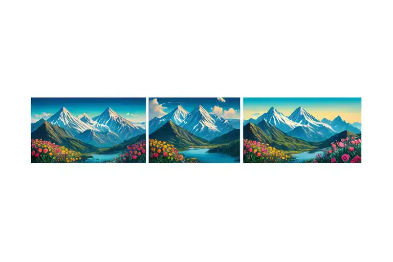 Mountain Landscape 3 Styles Flowers Surrounding Them