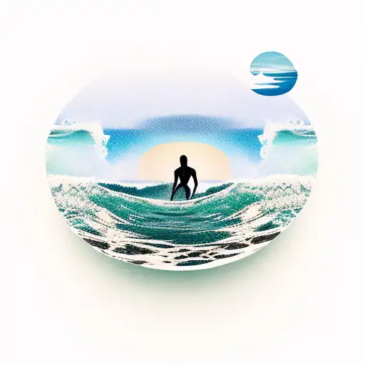 A Serene Sunset Over A Palm-fringed Beach With A Silhouette Of A Surfer Riding A Giant Wave