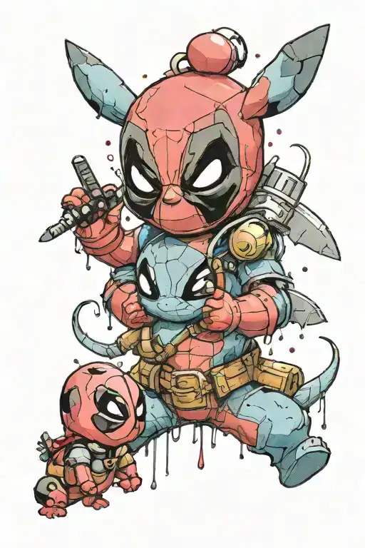 Stitch And Deadpool Full Color Tattoo Design