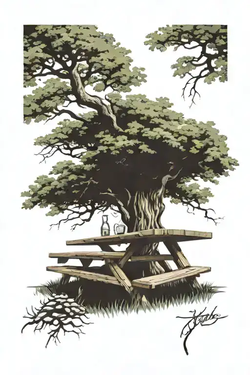 Picnic Table With An Oak Tree Behind It