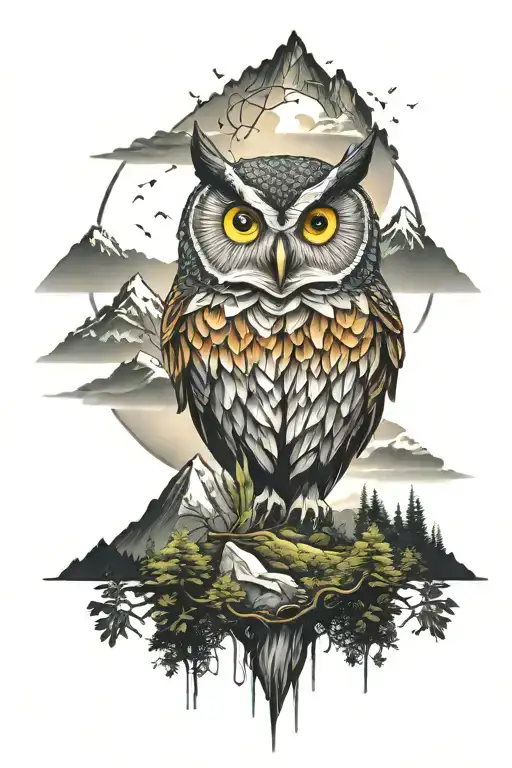 Abstract Owl Head Surrounded By Trees And Mountains Watching Over Everything