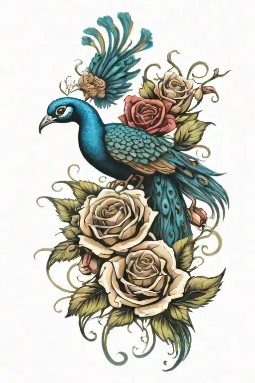 Peacock And Roses Blooming