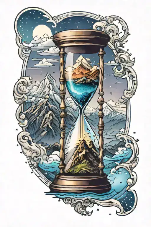 Hourglass With Stars On Top Half Fading Into Mountains On Bottom Half