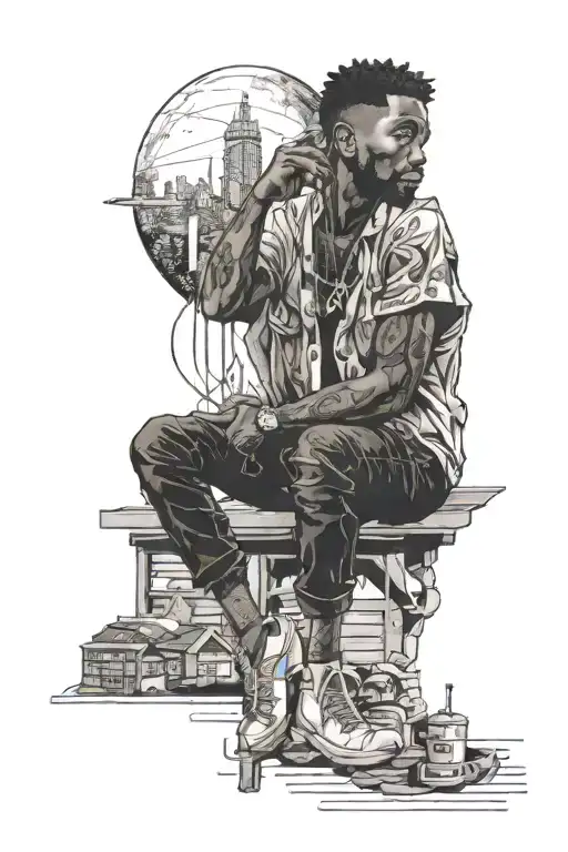 Black Guy At Night Sitting Next To Japanese Sky Scraper