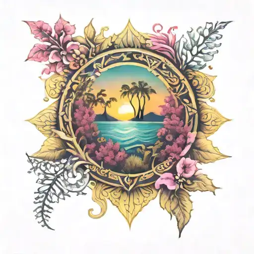 Mandala Forest And Ocean Pink And Yellow Sunrise