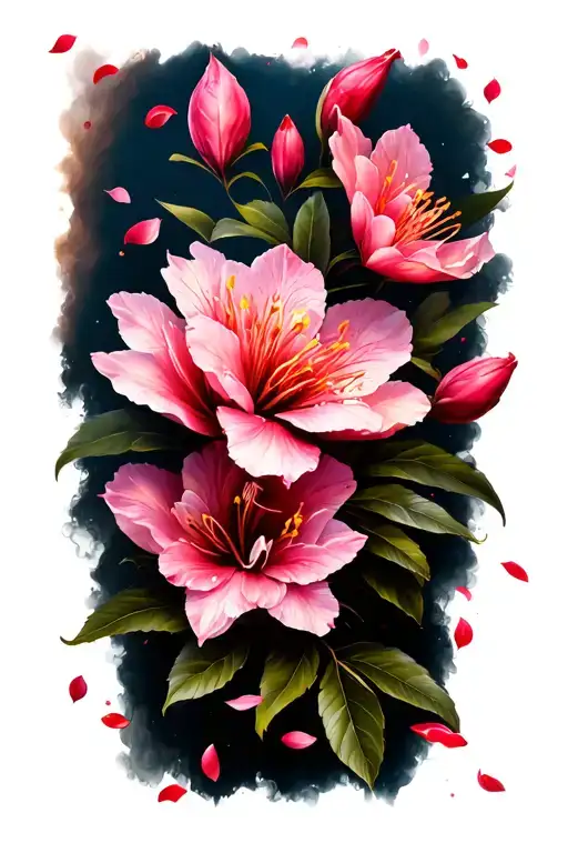 A Sleeve With Azalea Flowers Prominent In The Tattoo And Cherry Blossom Petals Mixed In