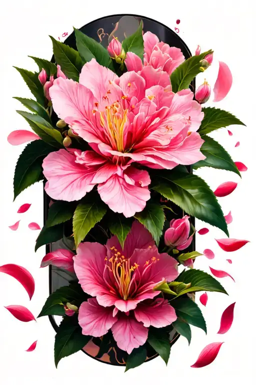 A Sleeve With Azalea Flowers Prominent In The Tattoo And Cherry Blossom Petals Mixed In