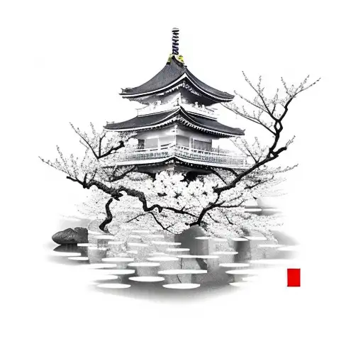 Japanese Pond With Cherry Blossoms Refelcted In Water