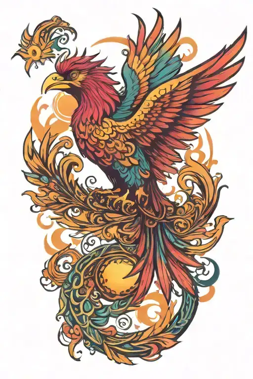 Vibrant Colorful Phoenix Bird Rising Sun
