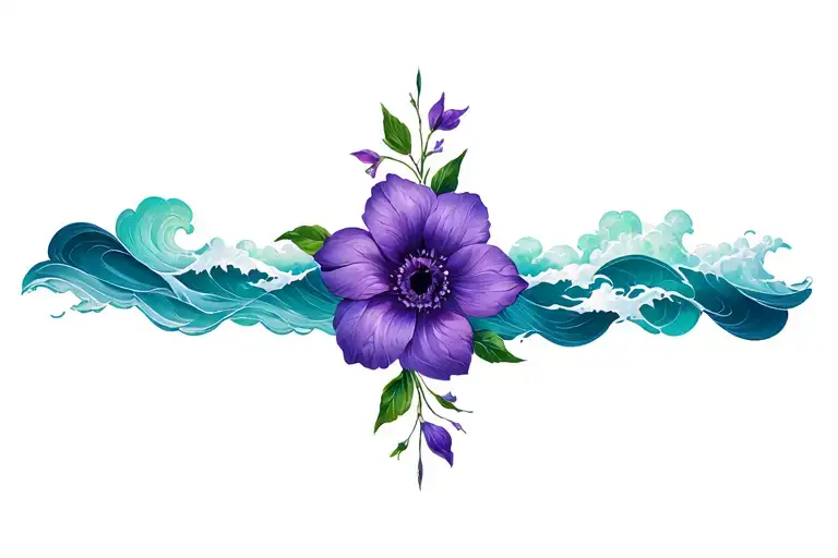 Violet Flower Intertwined With Clouds And Waves