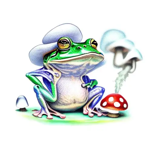 Frog Sitting On A Mushroom Wearing A Suit And Smoking A Pipe