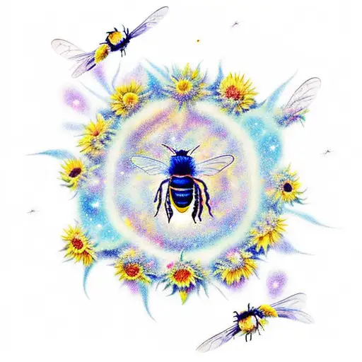 A Celestial Bee Flying Through A Galaxy Filled With Sunflowers
