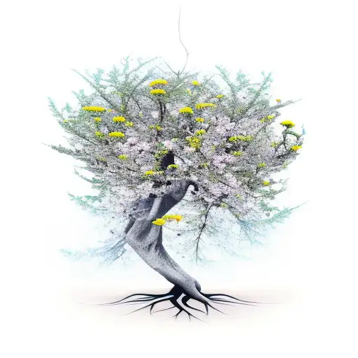 Slim Tree With Roots And Flowers