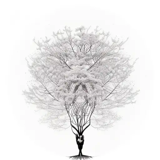 Slim Tree With Roots And Flowers