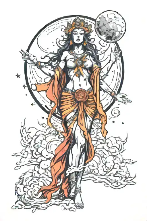 Wisdom Goddess Full Body Standing Front Facing Raised Hand Powerful Sexy Full Moon Rising Colorful